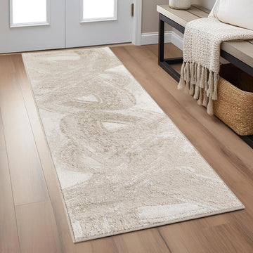 Elysium Expression ELY02 Modern Abstract Distressed Metallic Shimmer Soft Textured Velvet Touch Polyblend Low Profile Short Pile Pearl White/Warm Beige/Taupe/Ivory/Champagne Gold Runner-Desire Rugs-Rug Love - The Most Loved Rug Store